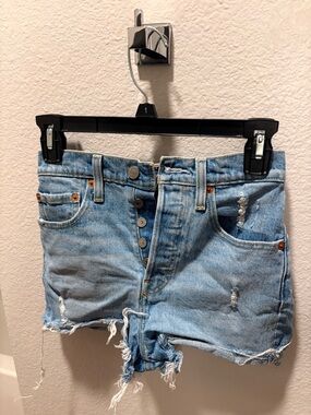 Levi's Light Blue Distressed Button-Fly Denim Shorts